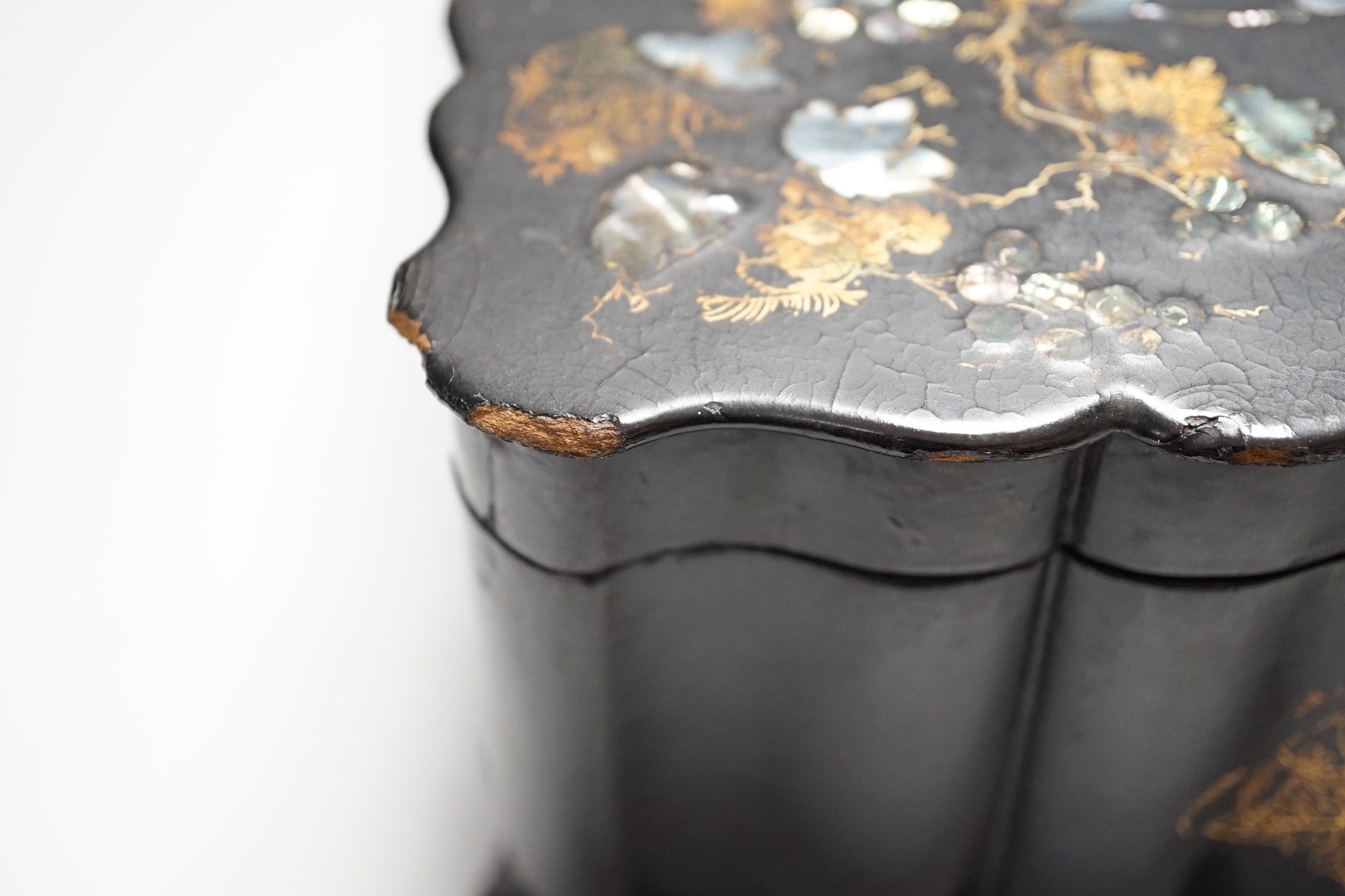 A Victorian papier mache workbox and contents, 32cm